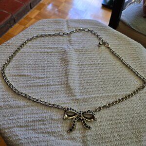 Vintage Silver Chain / Link Belt with Black Rhinestone Bow Detail​